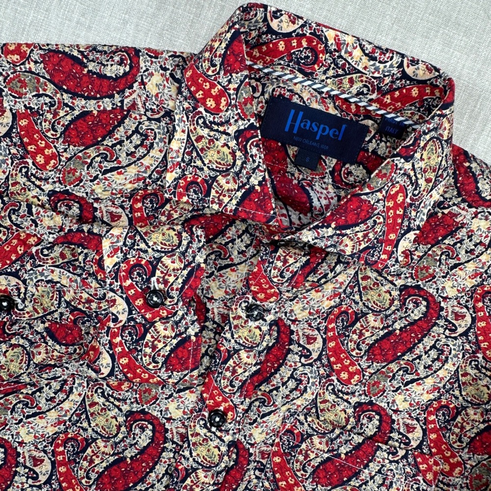 Haspel Paisley Seersucker Shirt Mens Sm Red Navy Cream Made‎ in Italy Cotton LS
